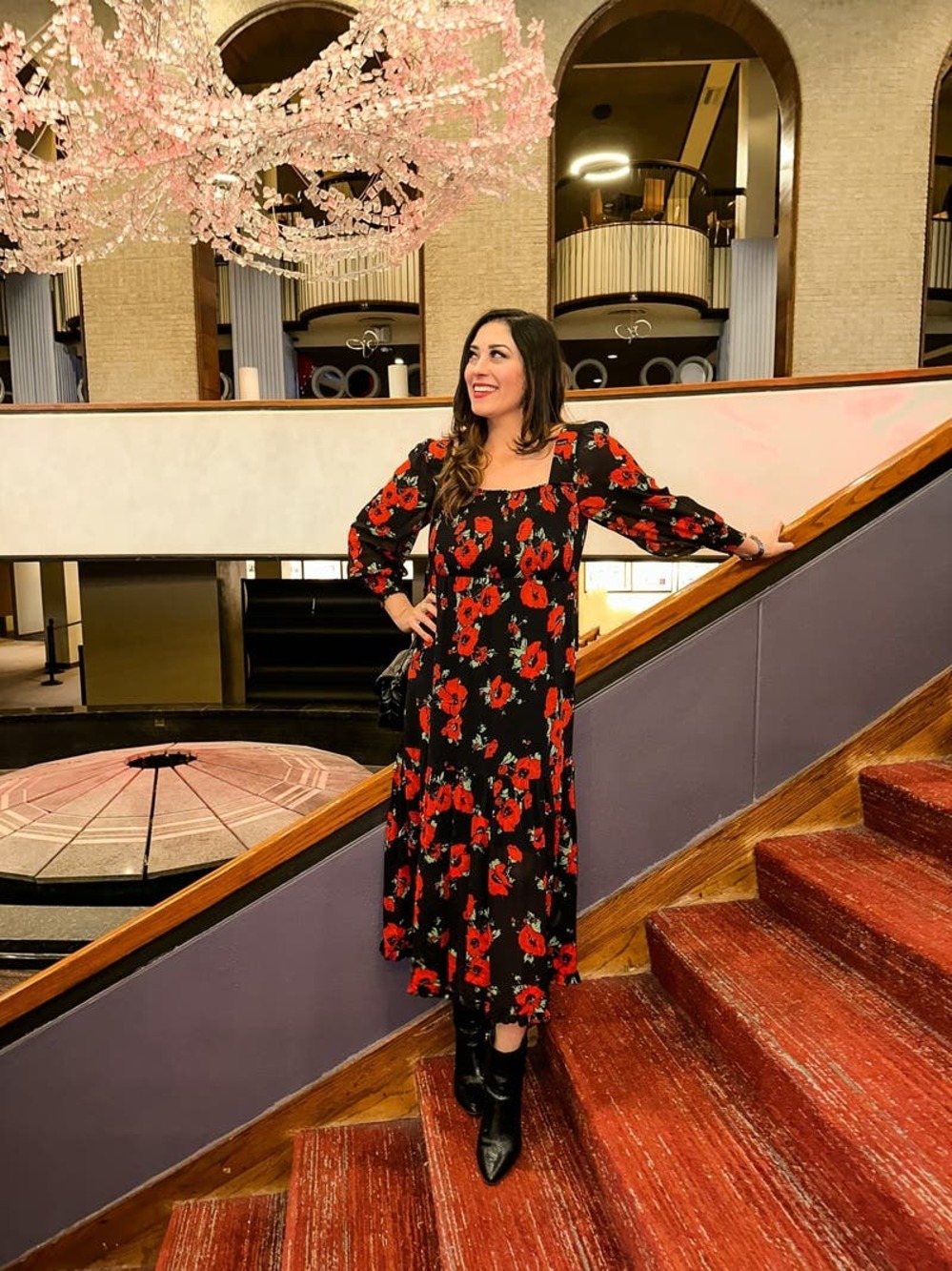 RIXO Black Red Poppy Floral Flowy Airy Yas Midi Dress size Medium